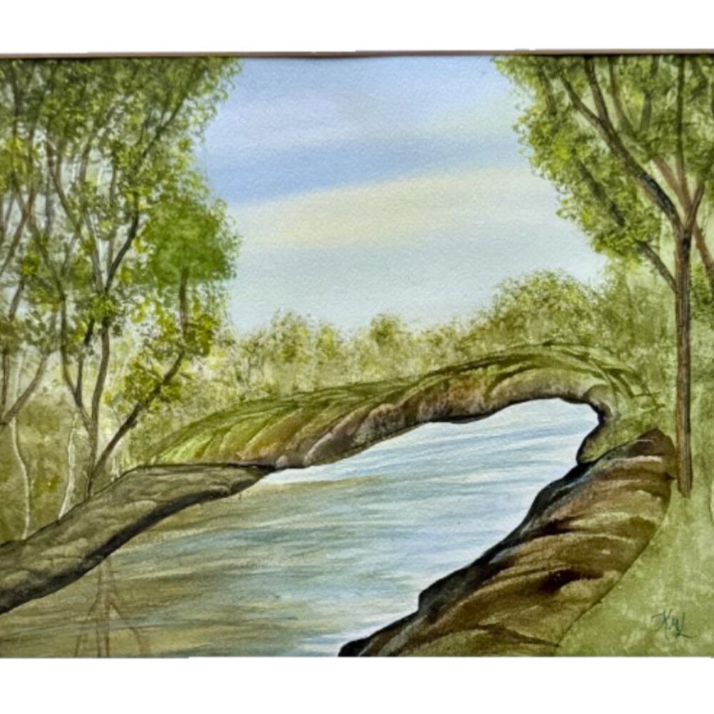 Forest Trees and Pond Landscape Green Blue Original Art Green 11x14 & Mat 16x20